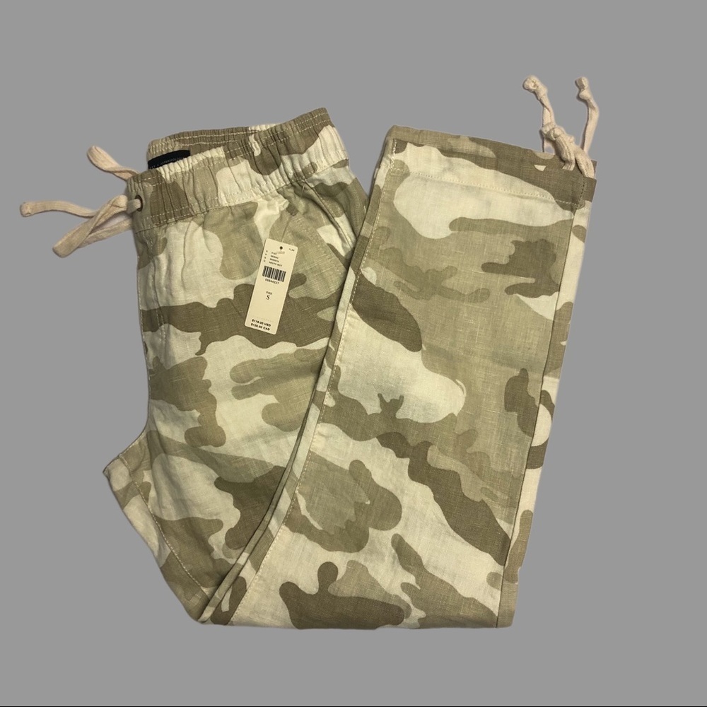 🧡 S 🧡 NWT Anthro Pants Drawstring Waist Cuffs Neutral Camo Cropped Linen